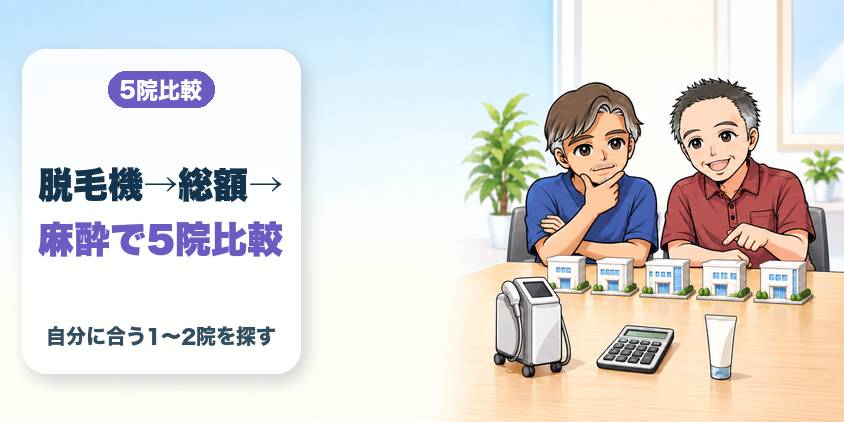 5院を「脱毛機→総額→麻酔」の順で比較