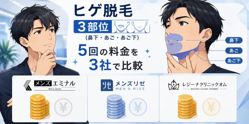 ヒゲ脱毛3部位（鼻下・あご・あご下）5回の料金を3社で比較