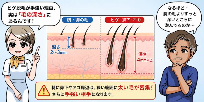 皮膚下4mmまで届くヒゲと2〜3mmの腕毛の深さ比較