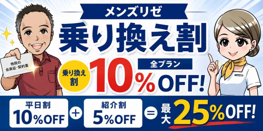 メンズリゼ乗り換え割は10％OFF！平日割＋紹介割で最大25％OFF
